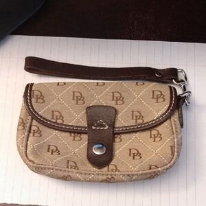 Dooney & Bourke Beige and Brown Signature Wristlet Clutch
